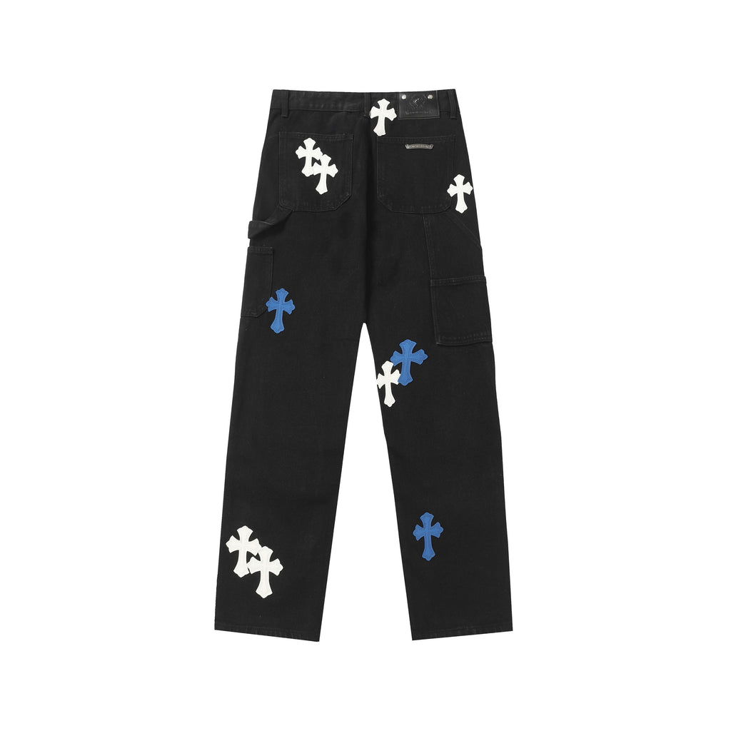Chrome Hearts White & Blue Leather Cross Patches Jeans