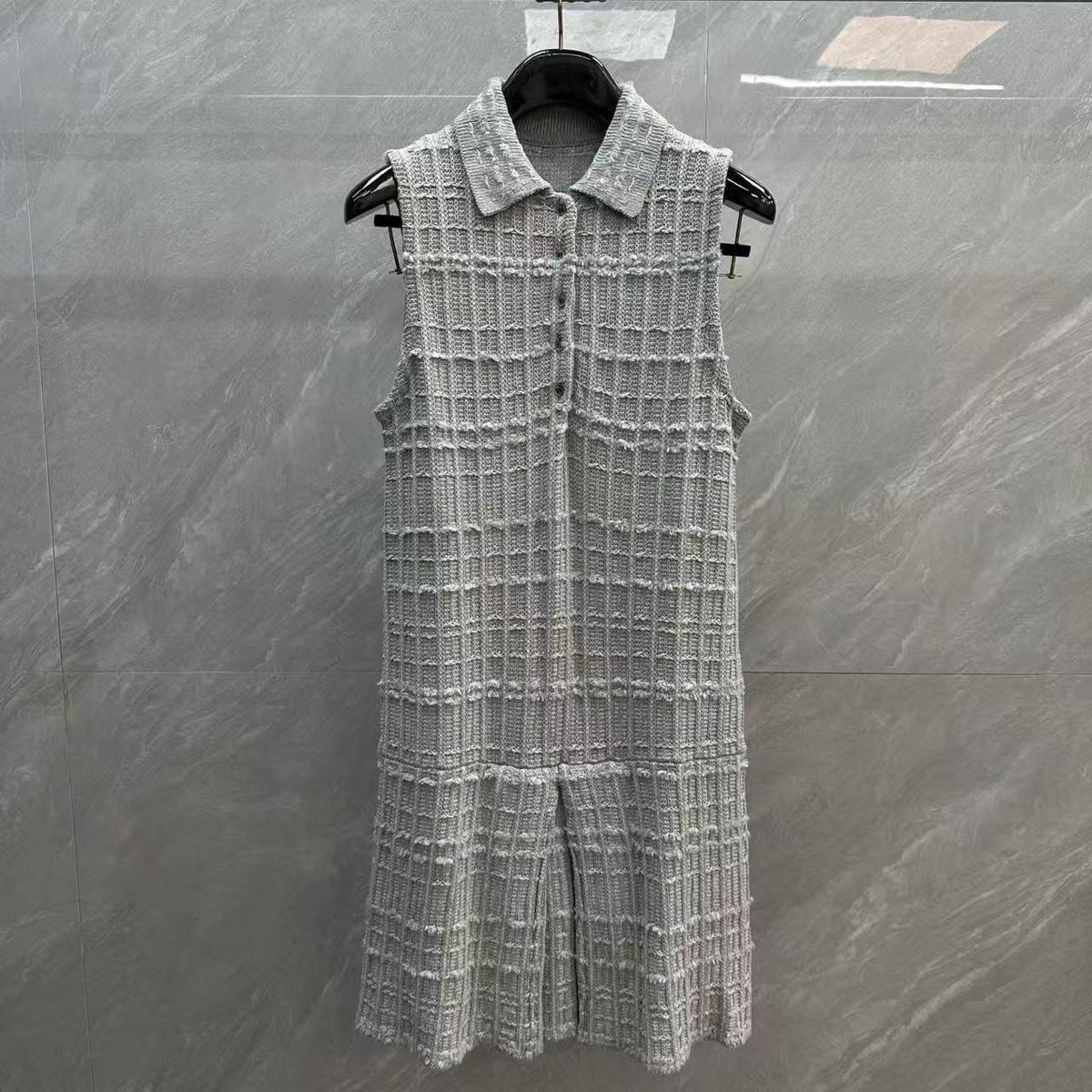 Thom Browne Style Gray Tweed Jacquard Sleeveless Polo Dress