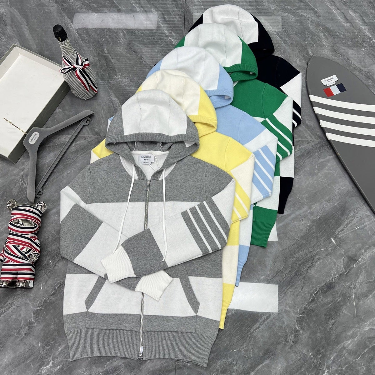Thom Browne Style Striped Dog-Motif Zip-Up Knit Hoodie