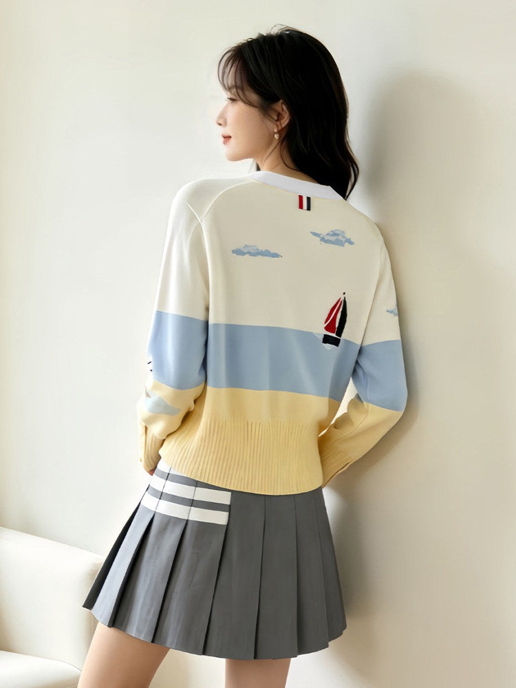 Thom Browne Style Contrast Sailboat Embroidered V-Neck Cardigan