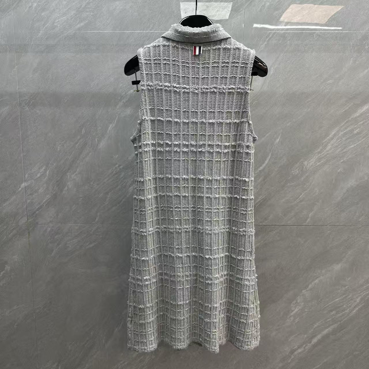 Thom Browne Style Gray Tweed Jacquard Sleeveless Polo Dress