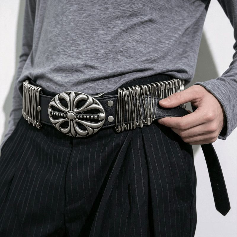 Chrome Hearts Safety Pin Leather Belt Cross Metal Buckle Waist Belt