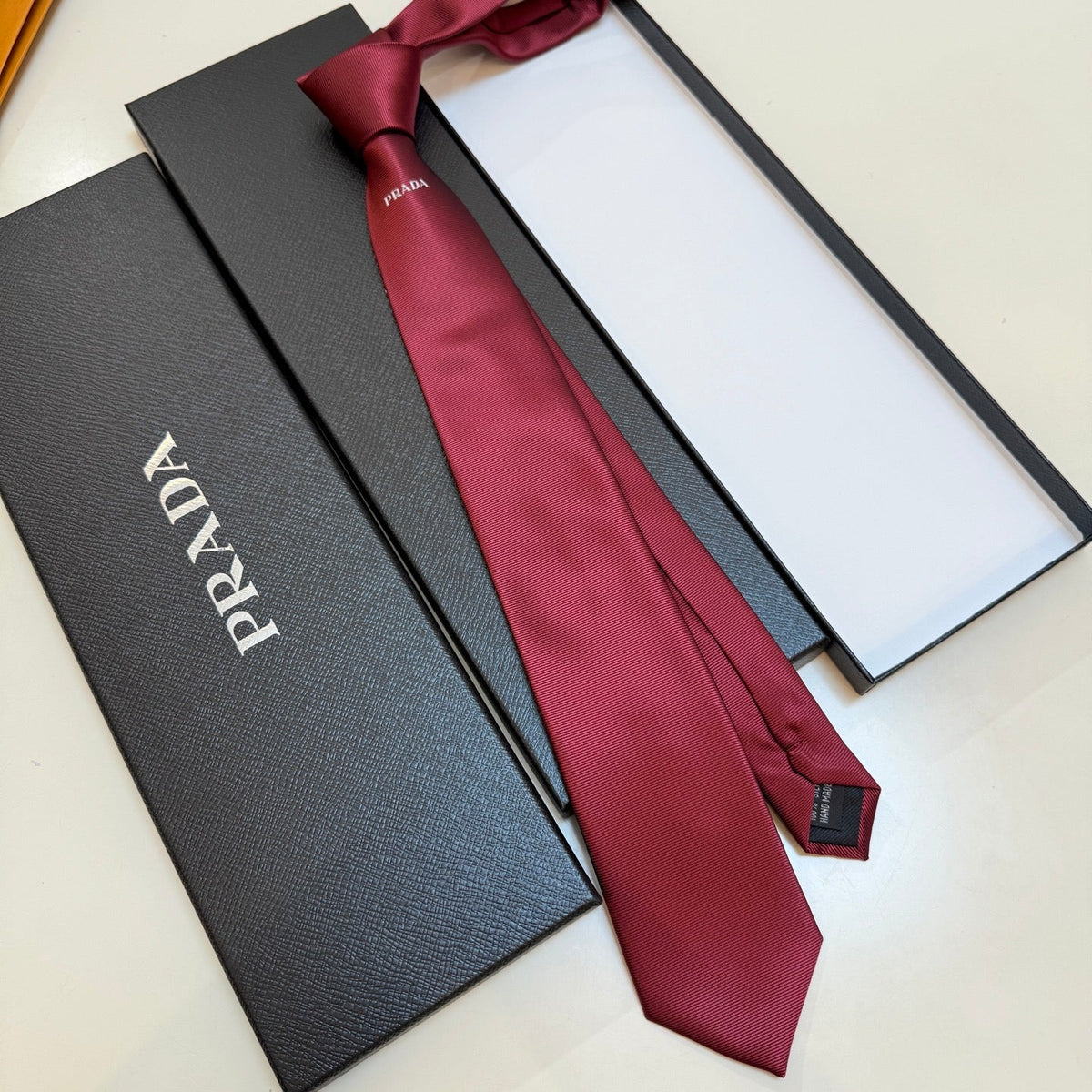 Prada Style Men's Minimal Logo Silk Tie