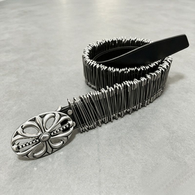 Chrome Hearts Safety Pin Leather Belt Cross Metal Buckle Waist Belt