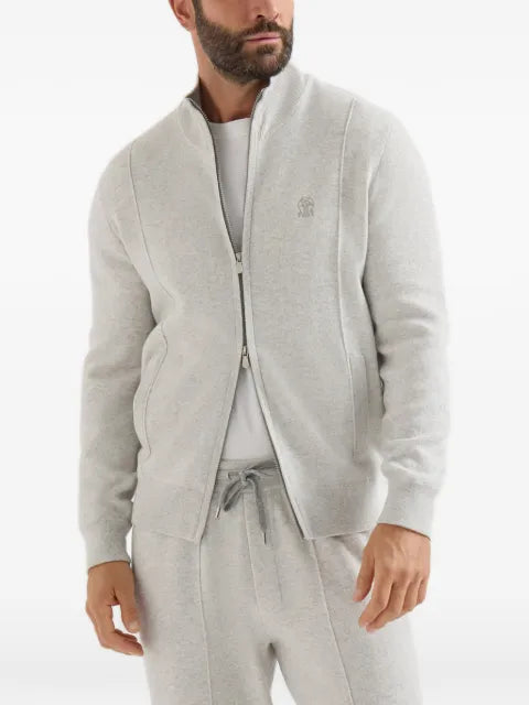 Brunello Cucinelli cashmere double-knit cardigan with zipper and logo
