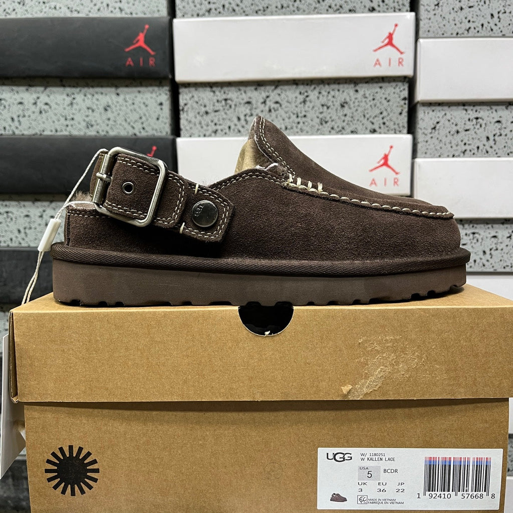 UGG Shearling Mule – Suede Clog with Plush Shearling Lining, Statement Silver Buckle Strap & Tonal Lug Sole in Chocolate