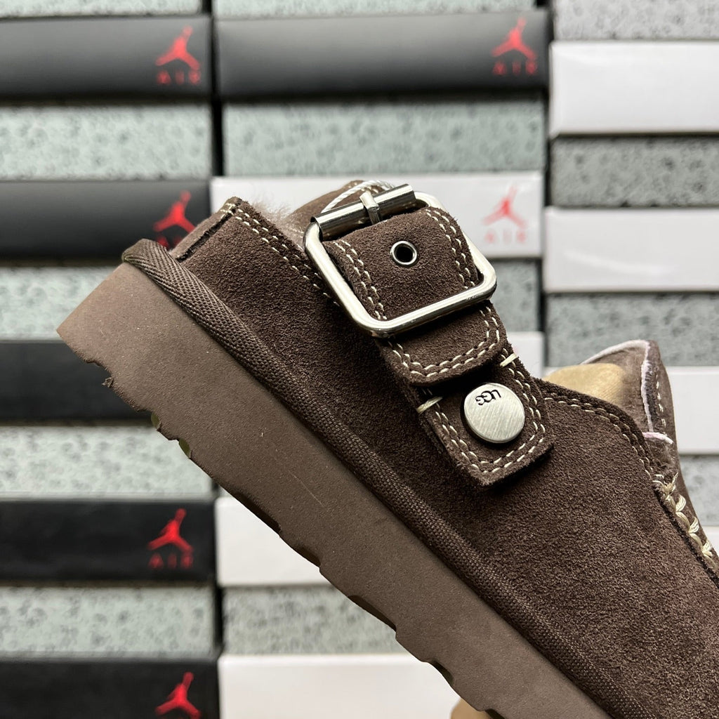 UGG Shearling Mule – Suede Clog with Plush Shearling Lining, Statement Silver Buckle Strap & Tonal Lug Sole in Chocolate