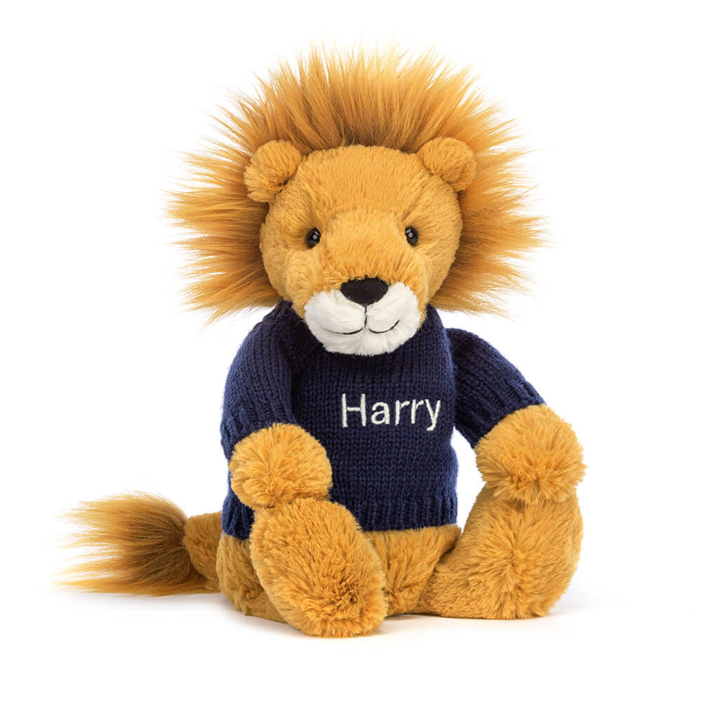 Bashful Lion with Personalized Navy Jumper