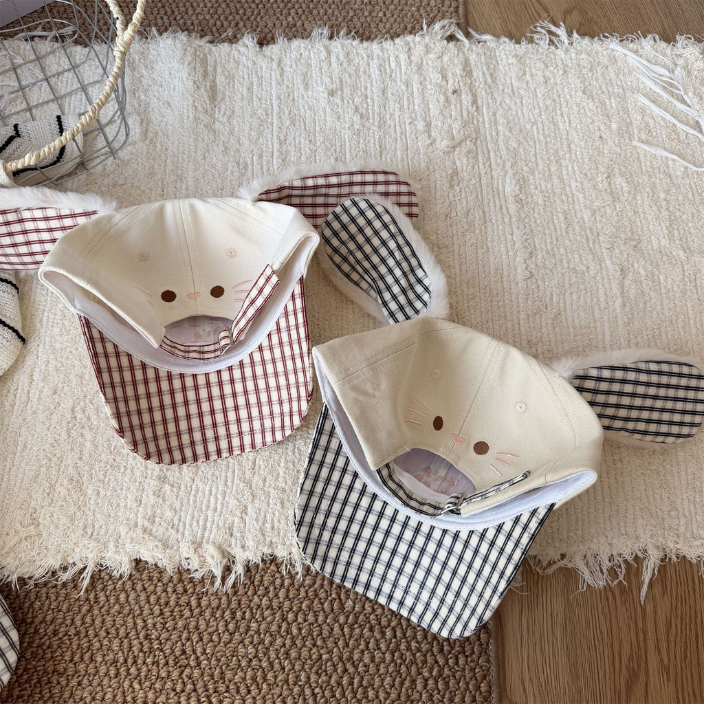 Cute Fluffy Bunny Ear Reversible Plaid Baseball Cap For Girls