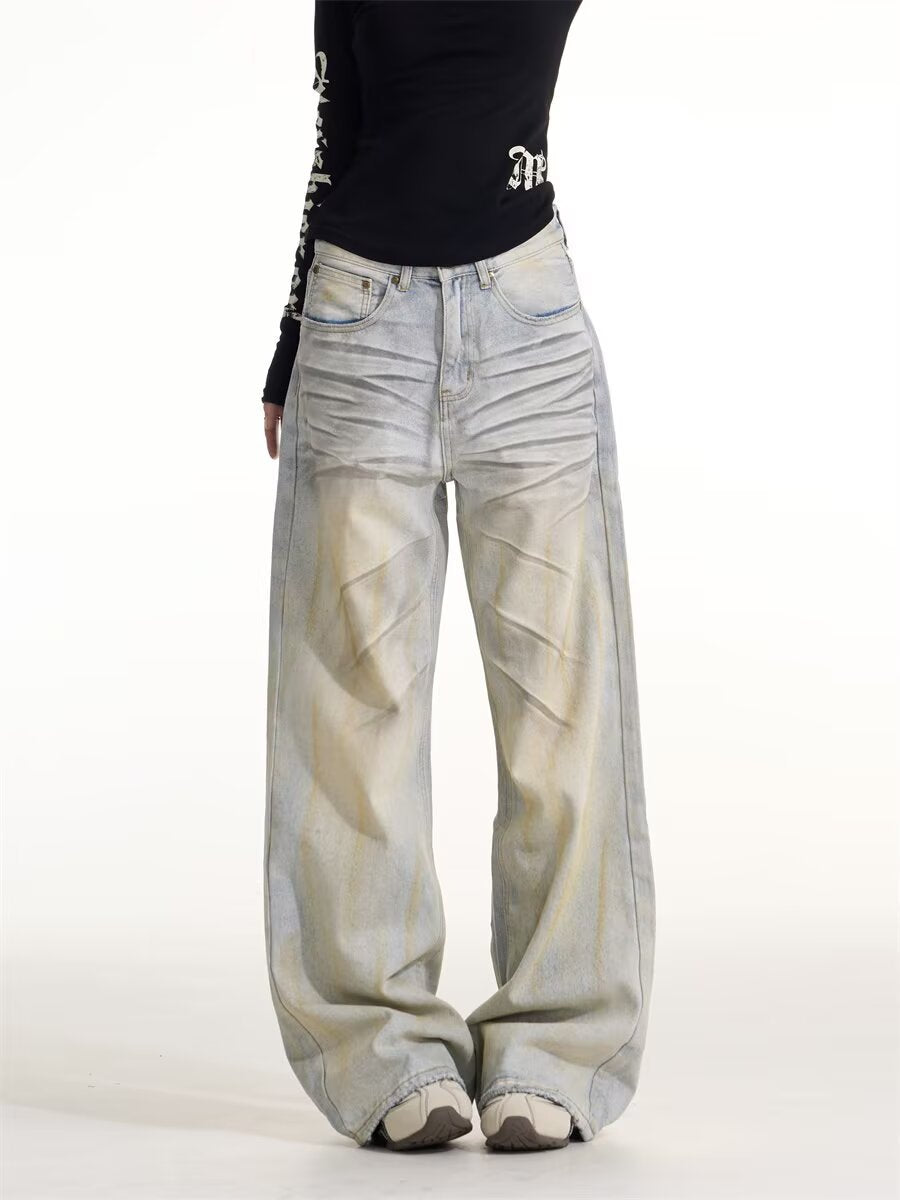 Y2K Vintage Washed Cat Whisker Curved Baggy Wide Leg Jeans Streetwear