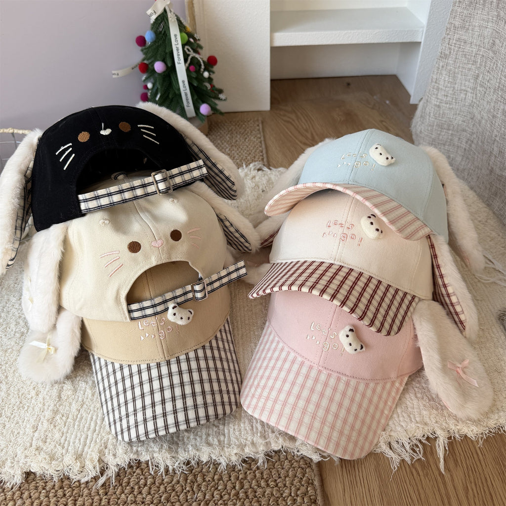 Cute Fluffy Bunny Ear Reversible Plaid Baseball Cap For Girls