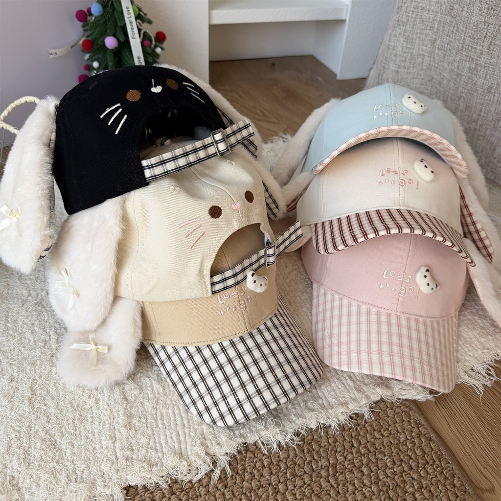 Cute Fluffy Bunny Ear Reversible Plaid Baseball Cap For Girls