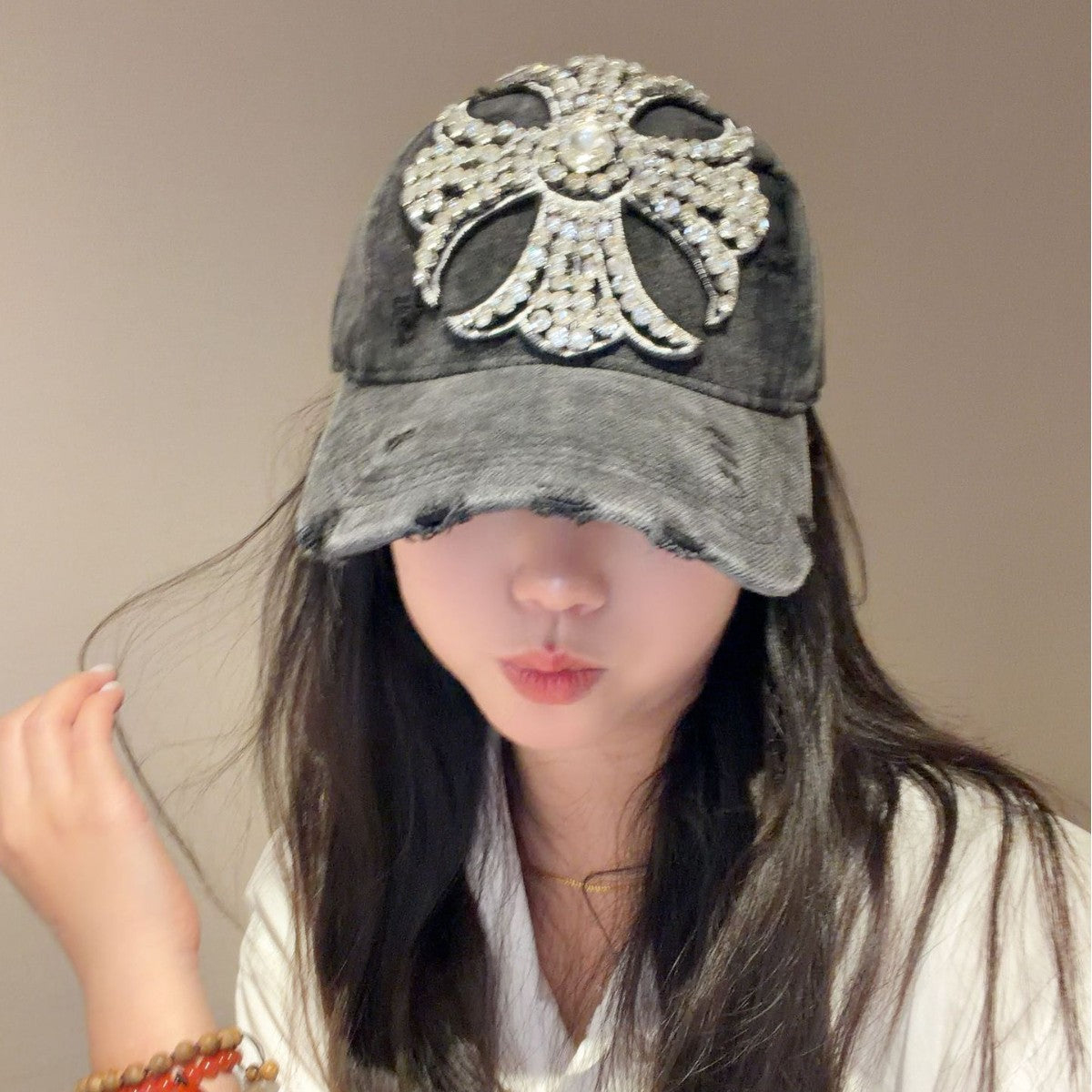 Rhinestone Cross Beaded Distressed Baseball Cap Streetwear Multi‑Style
