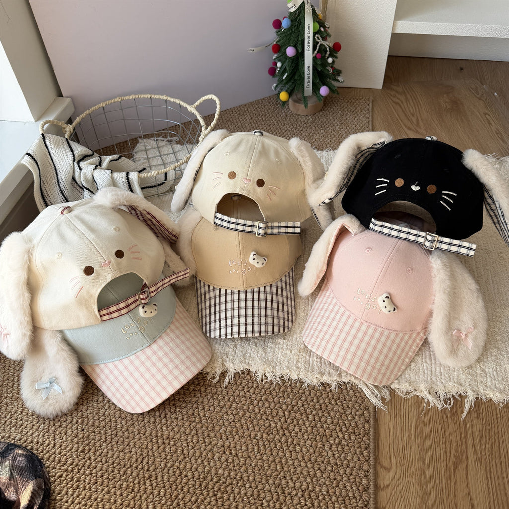 Cute Fluffy Bunny Ear Reversible Plaid Baseball Cap For Girls