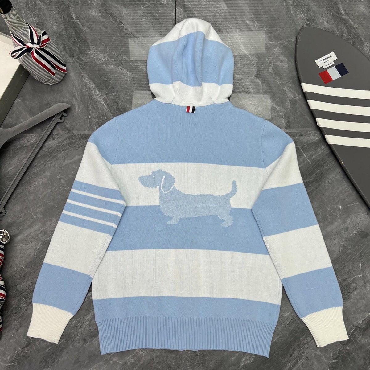 Thom Browne Style Striped Dog-Motif Zip-Up Knit Hoodie
