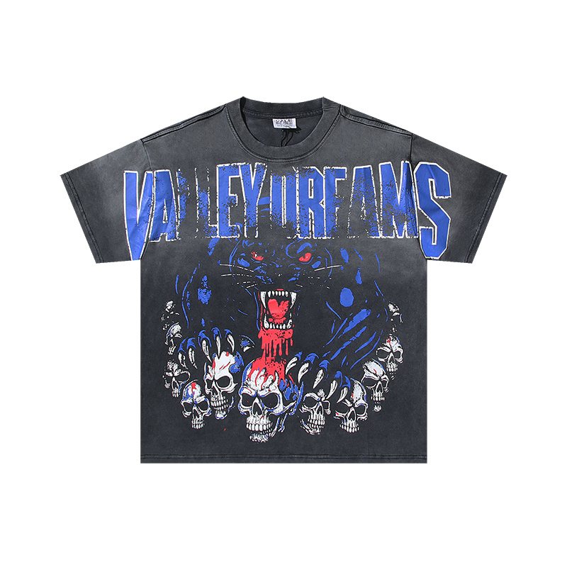 VALE USA Panther & Skull Washed Black Graphic T-Shirt