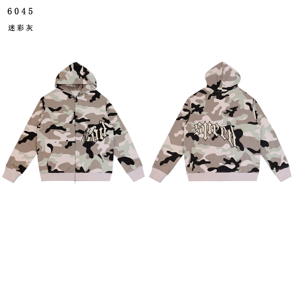 Godspeed Camouflage Gothic Letter Zip Hoodie