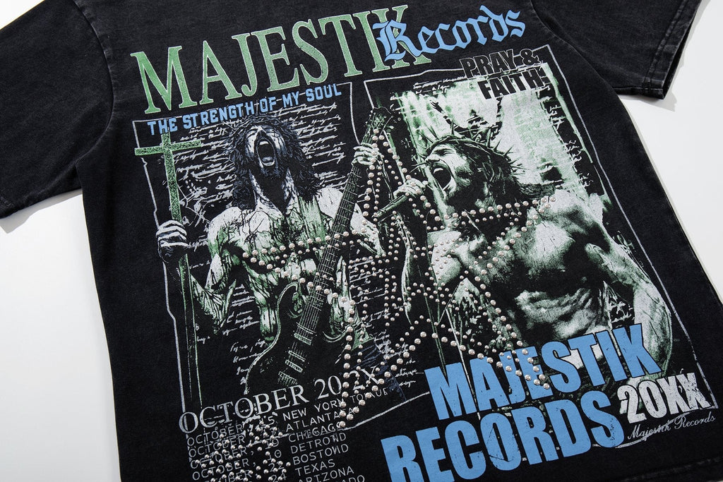 MAJESTIK Washed Black Concert-Collage Graphic T-Shirt