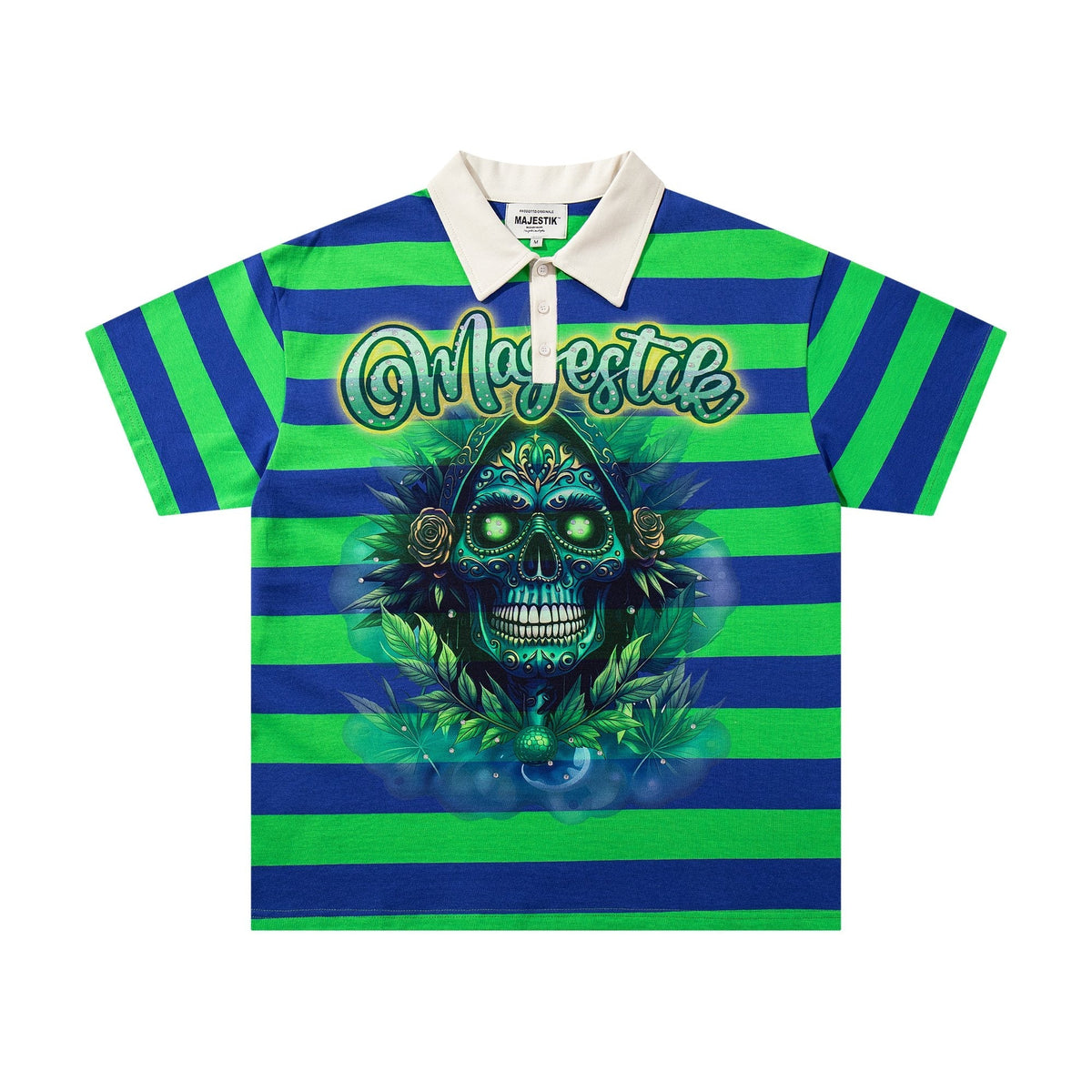 MAJESTIK Green/Blue Striped Skull Graphic Polo Shirt