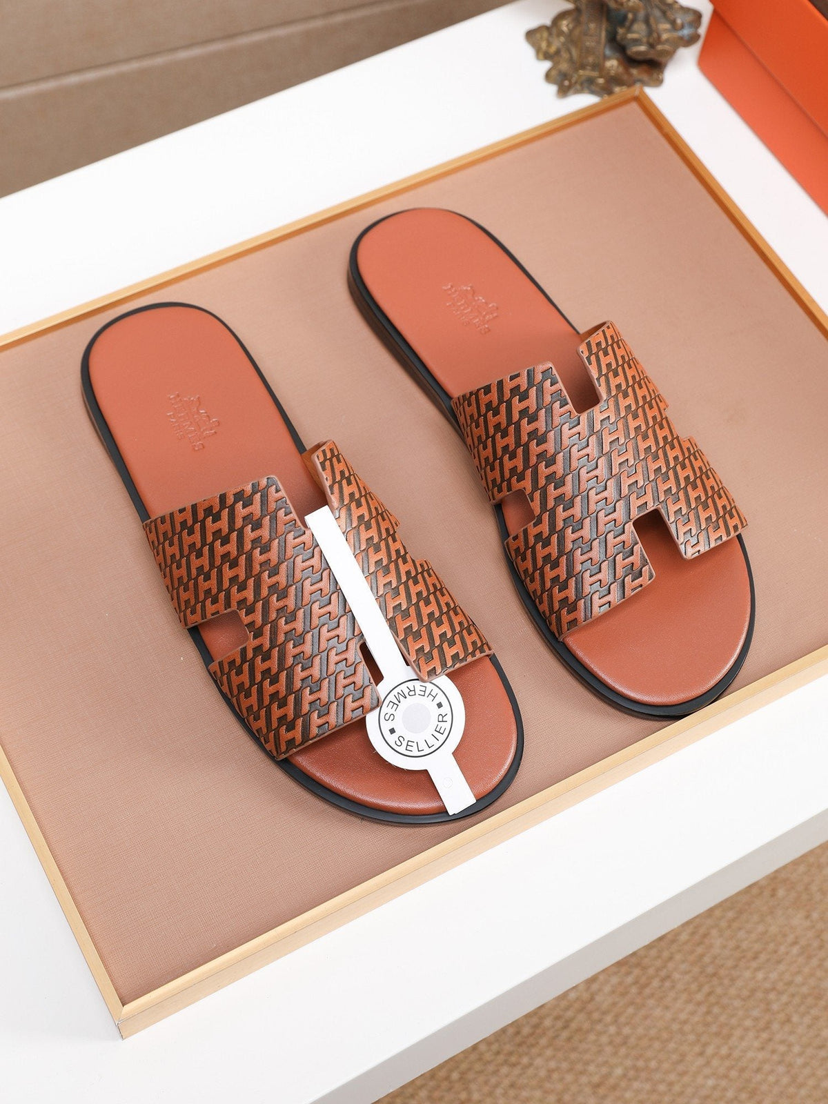 Hermes Brown Patterned H Slide Sandals
