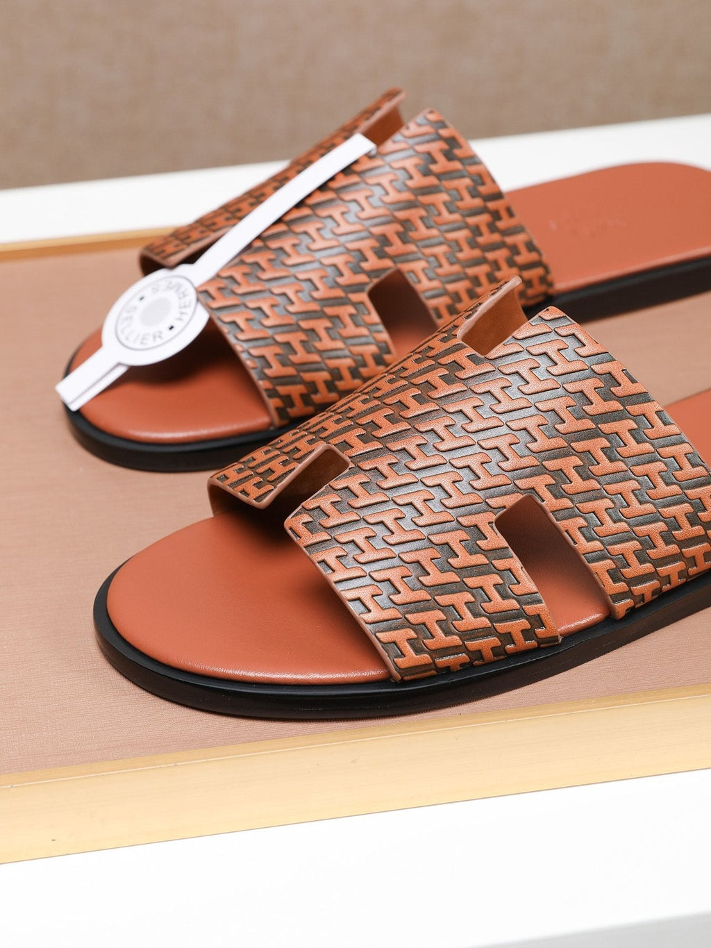 Hermes Brown Patterned H Slide Sandals