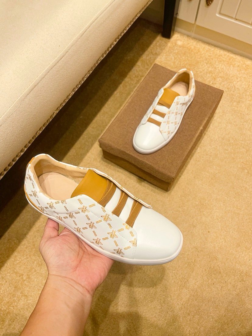 Beige Patterned Gold Stripe Low-Top Sneakers