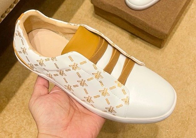 Beige Patterned Gold Stripe Low-Top Sneakers