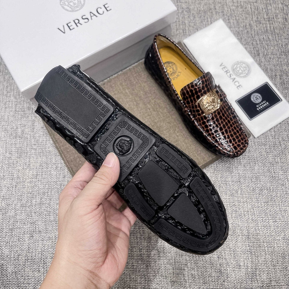 Versace Men's Brown Embossed Medallion Loafers