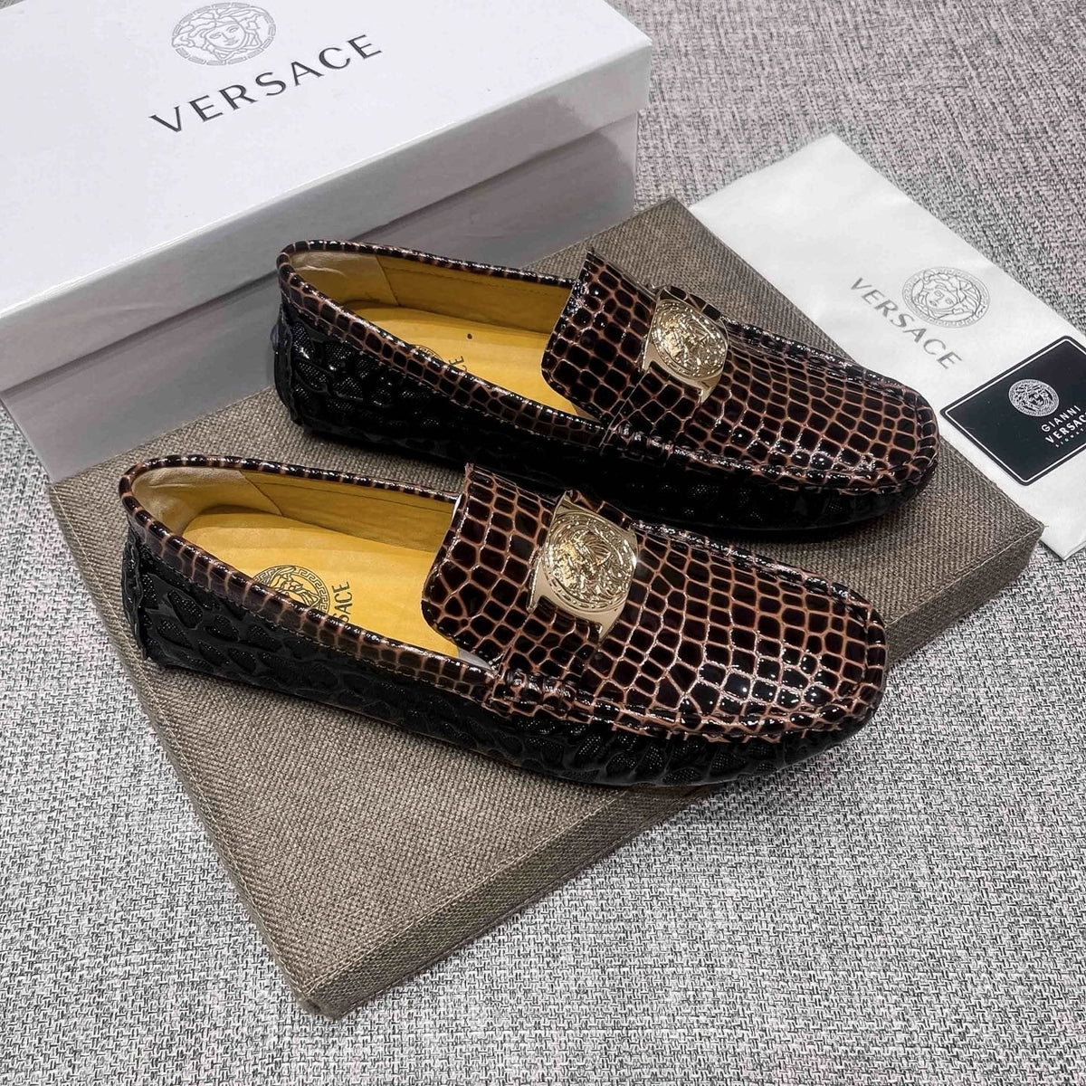 Versace Men's Brown Embossed Medallion Loafers