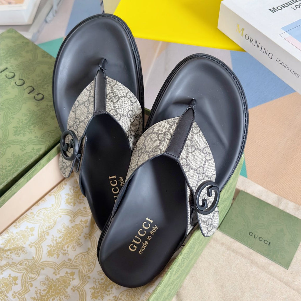 Gucci Monogram Thong Sandals - Black and Beige Monogram