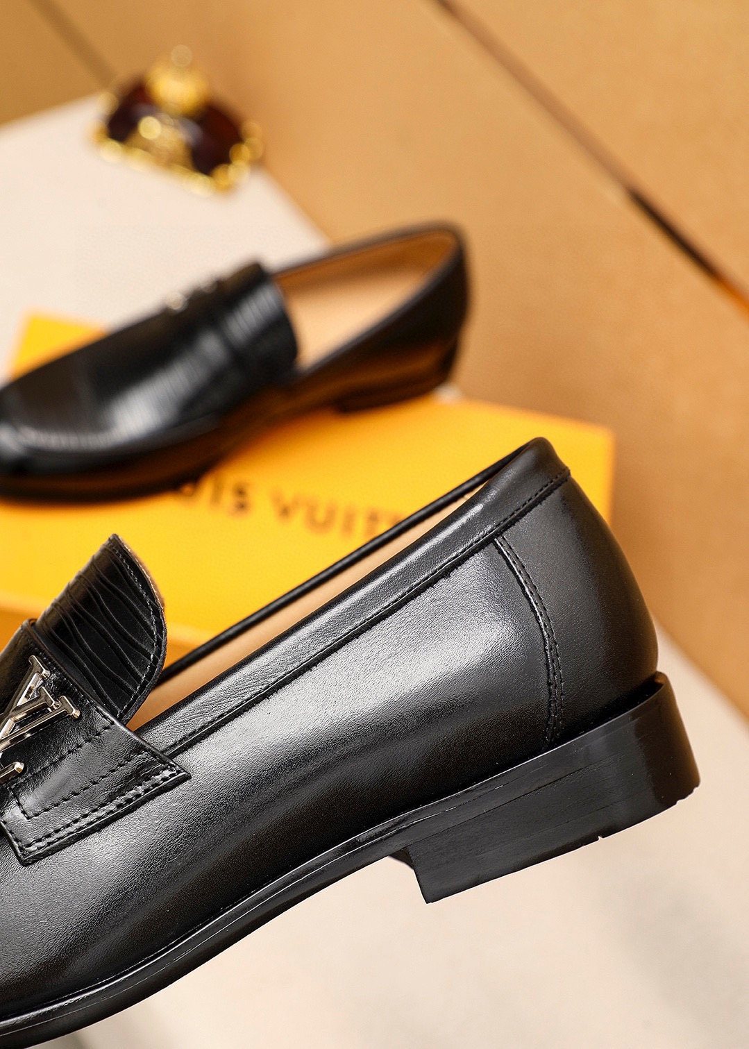 Louis Vuitton Black Textured Loafers - Metal Vamp Detail