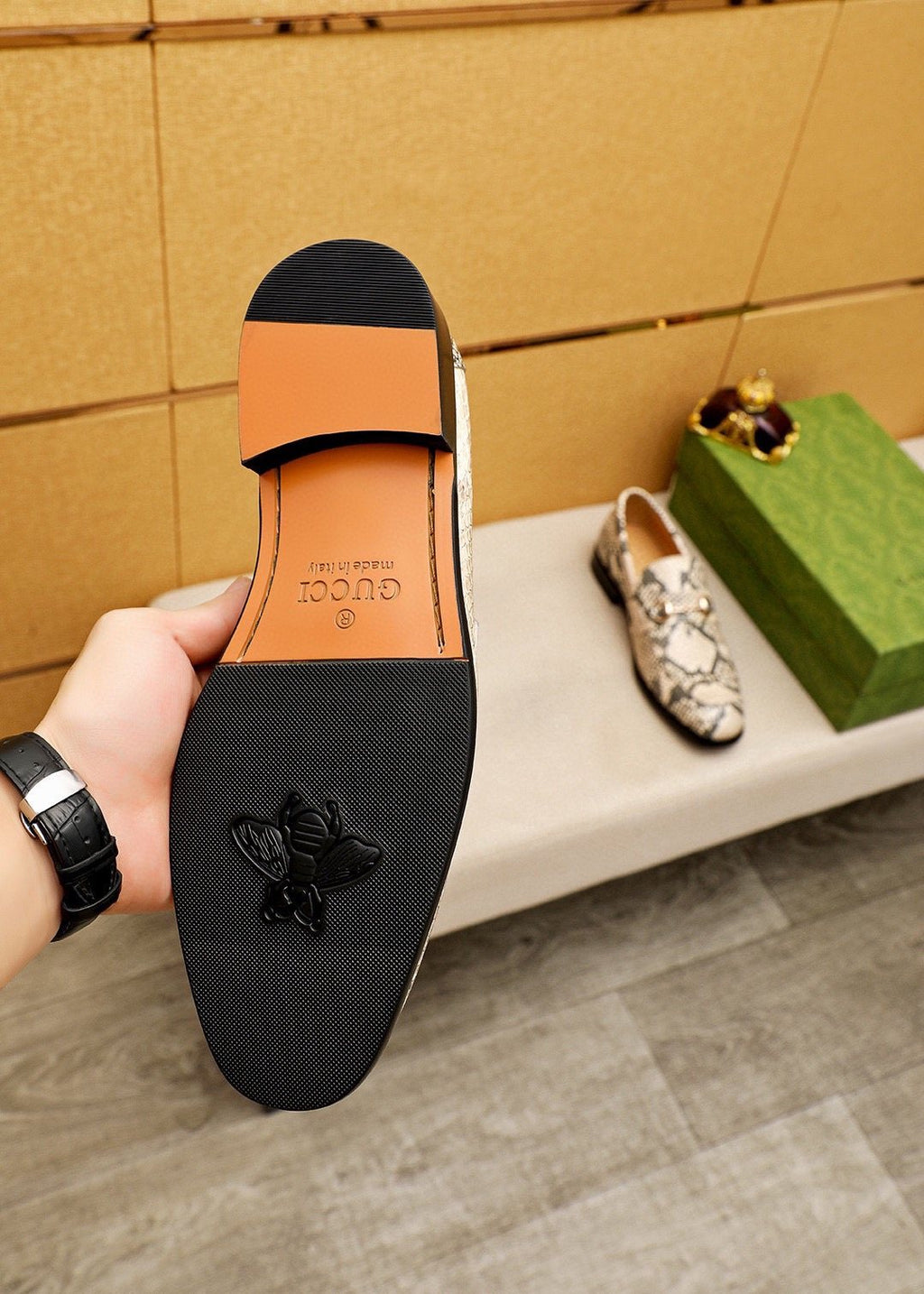 Gucci Snakeskin-Pattern Loafers - Beige and Gray Snakeskin