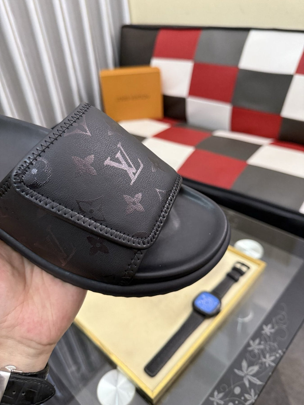Louis Vuitton Black Monogram Slide Sandals - Wide Monogram-Pattern Strap