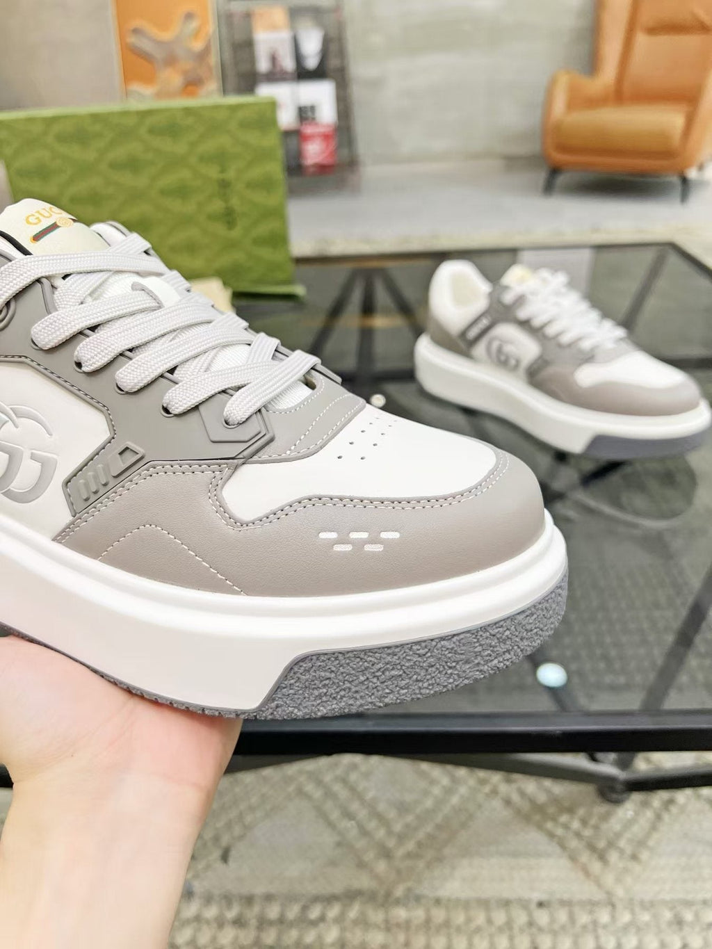 Gucci White and Light Gray Low-Top Sneakers