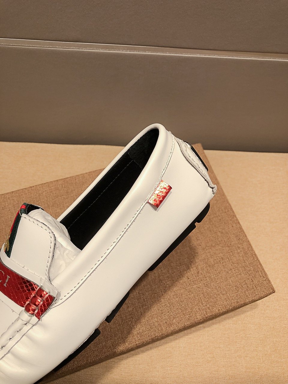 Gucci White Web-Stripe Loafers