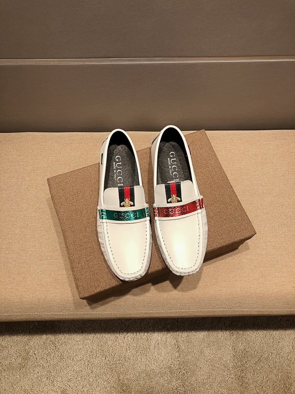 Gucci White Web-Stripe Loafers
