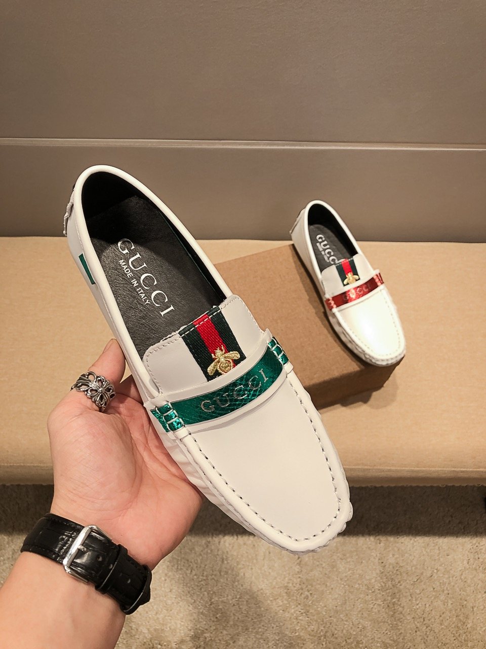 Gucci White Web-Stripe Loafers