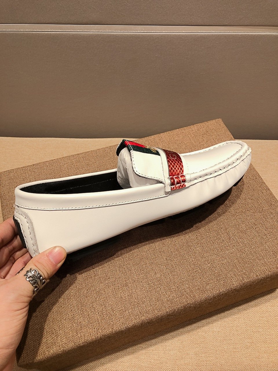 Gucci White Web-Stripe Loafers
