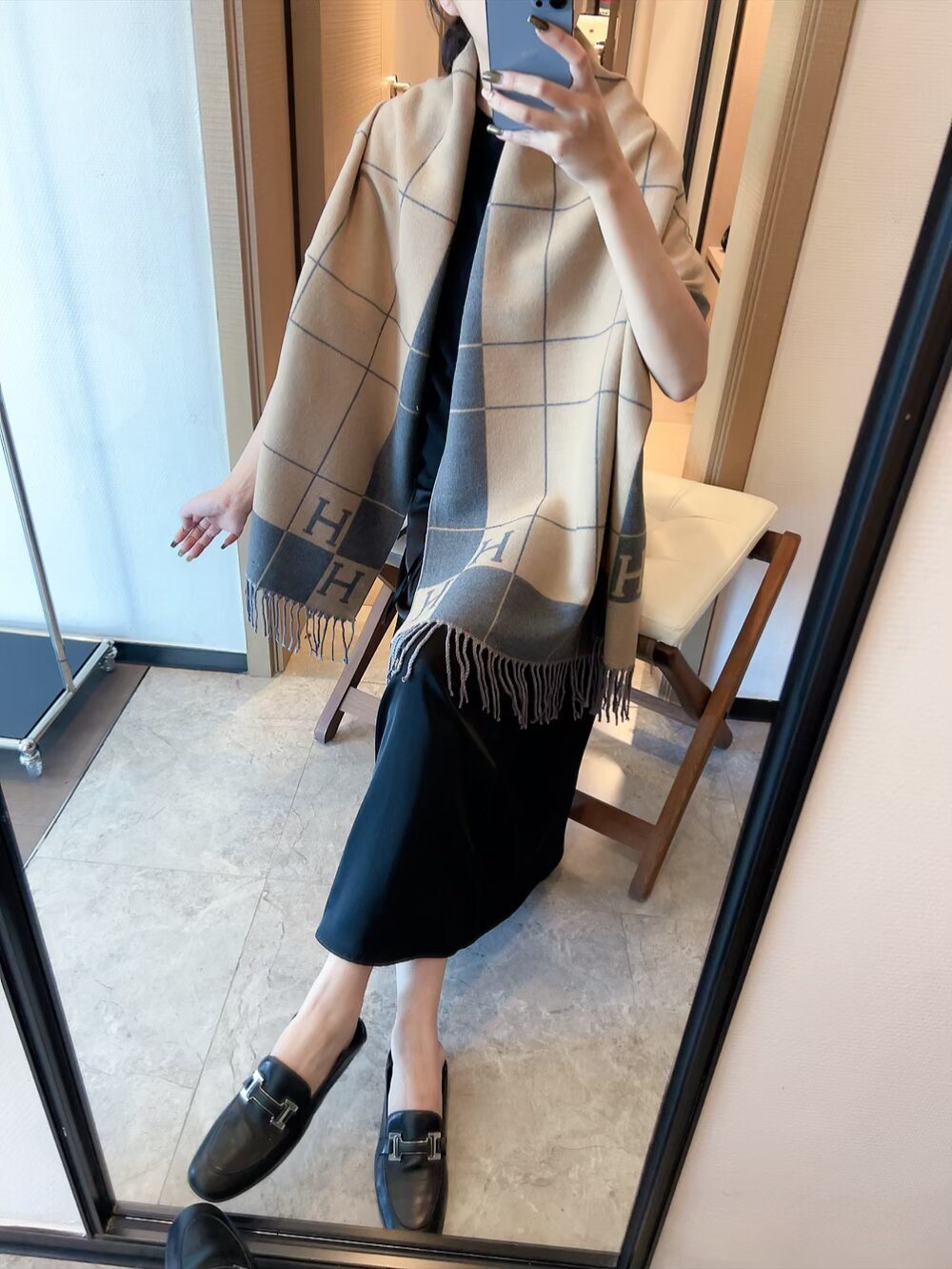 Hermès Light Beige and Black Grid Fringed Scarf