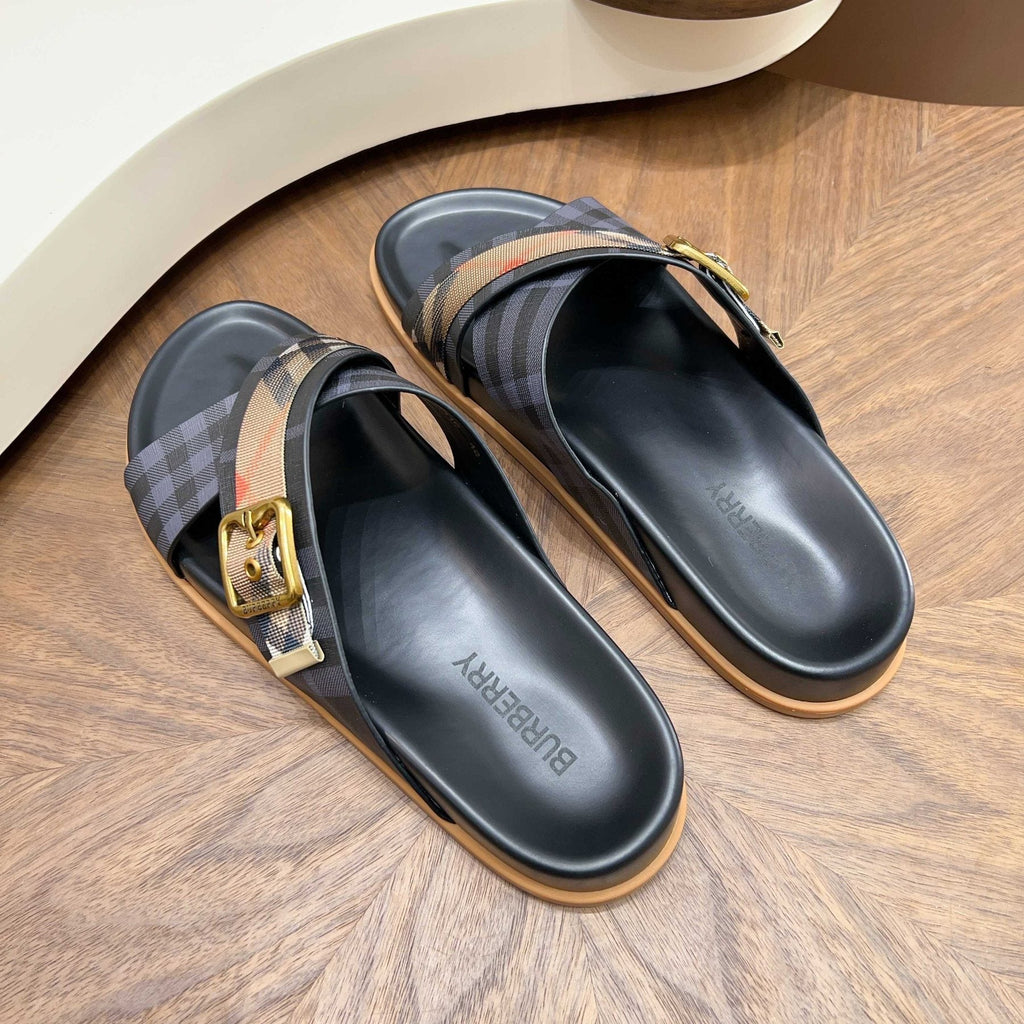 Burberry Charcoal Check Buckle Slide Sandals - Black and Charcoal Check