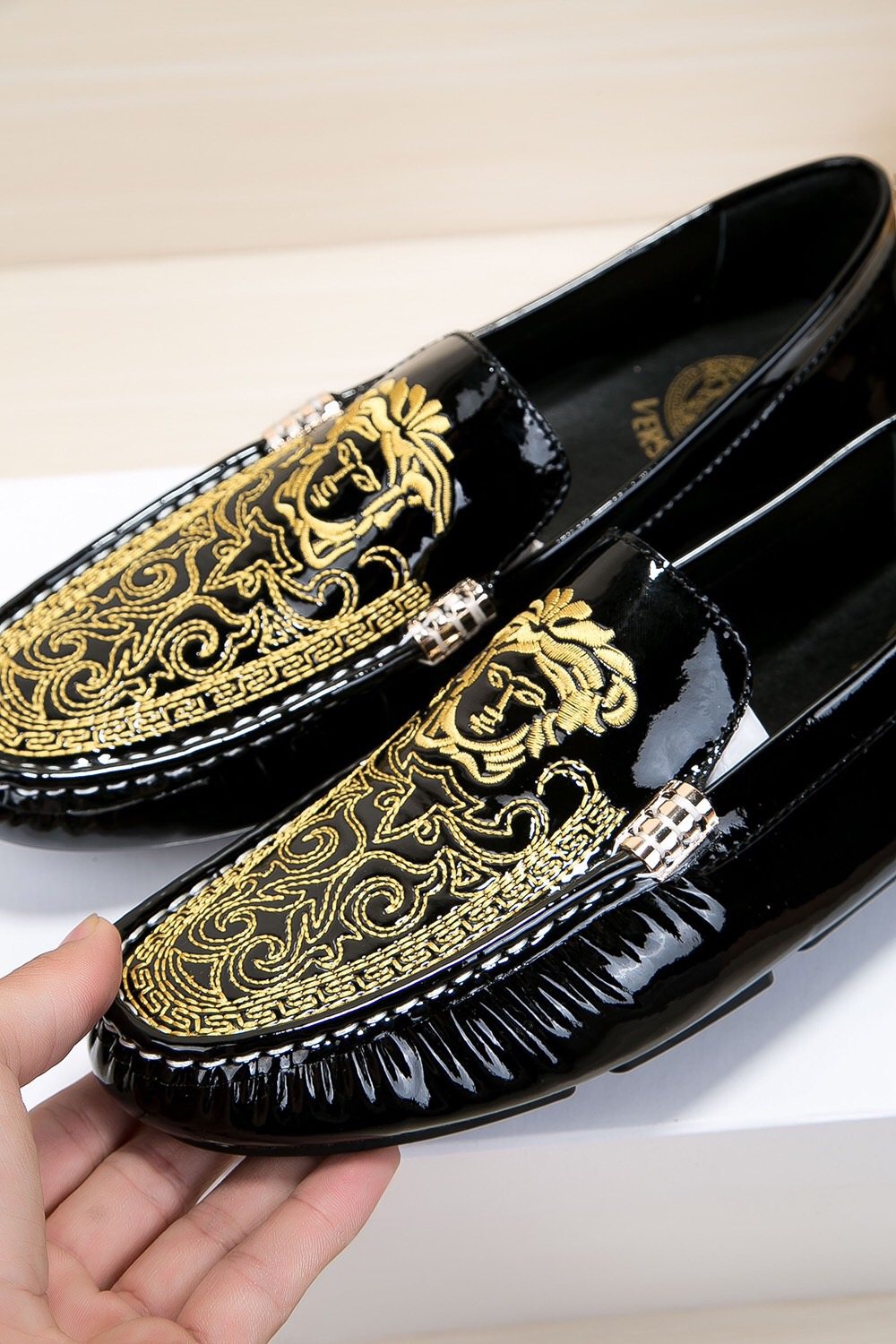 Versace Black Loafers with Gold Embroidery