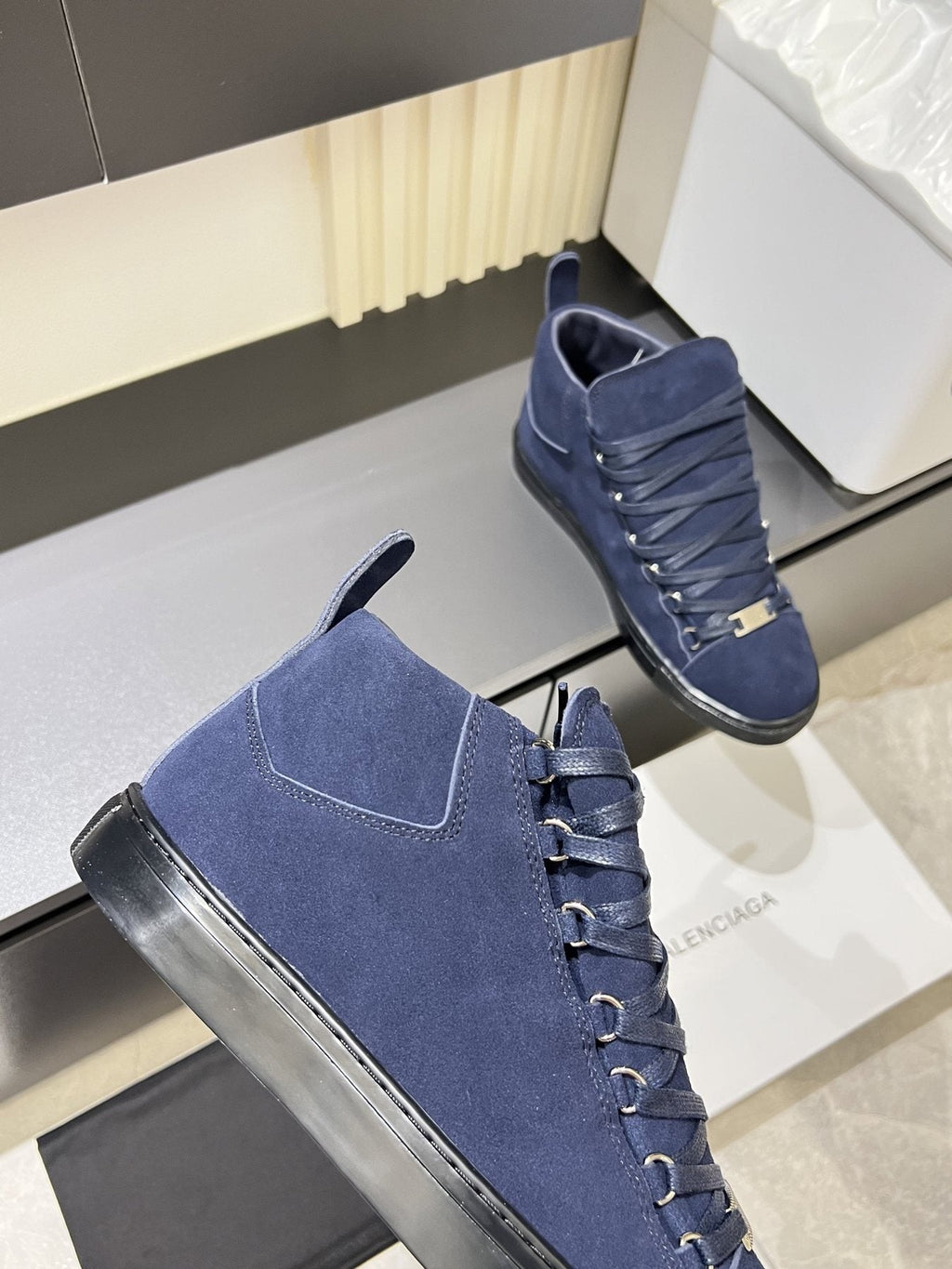 Balenciaga Navy Blue Lace-Up High-Top Sneakers