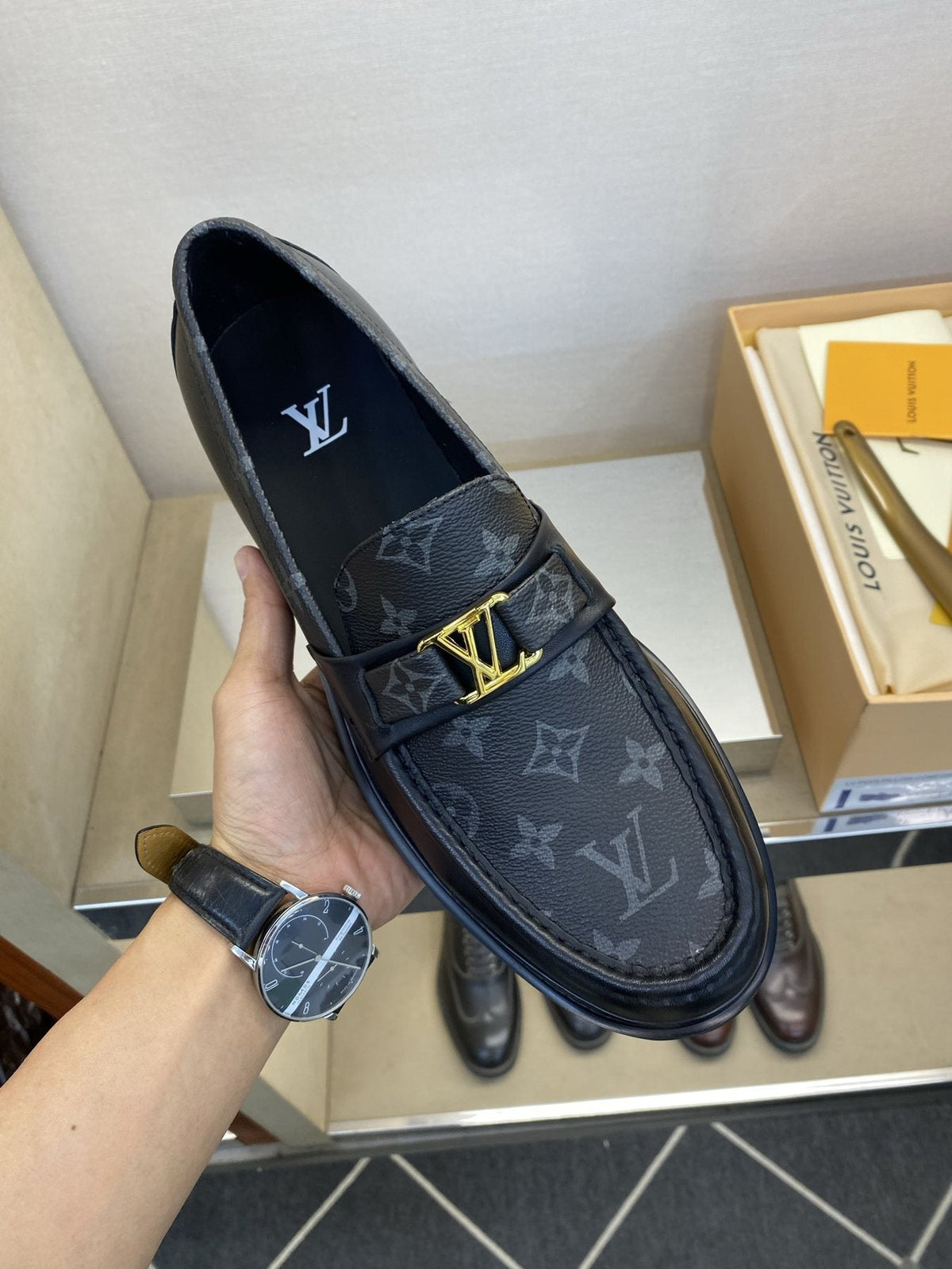 Louis Vuitton Men's Black Monogram Lug Sole Loafers - Moc-Toe Stitching