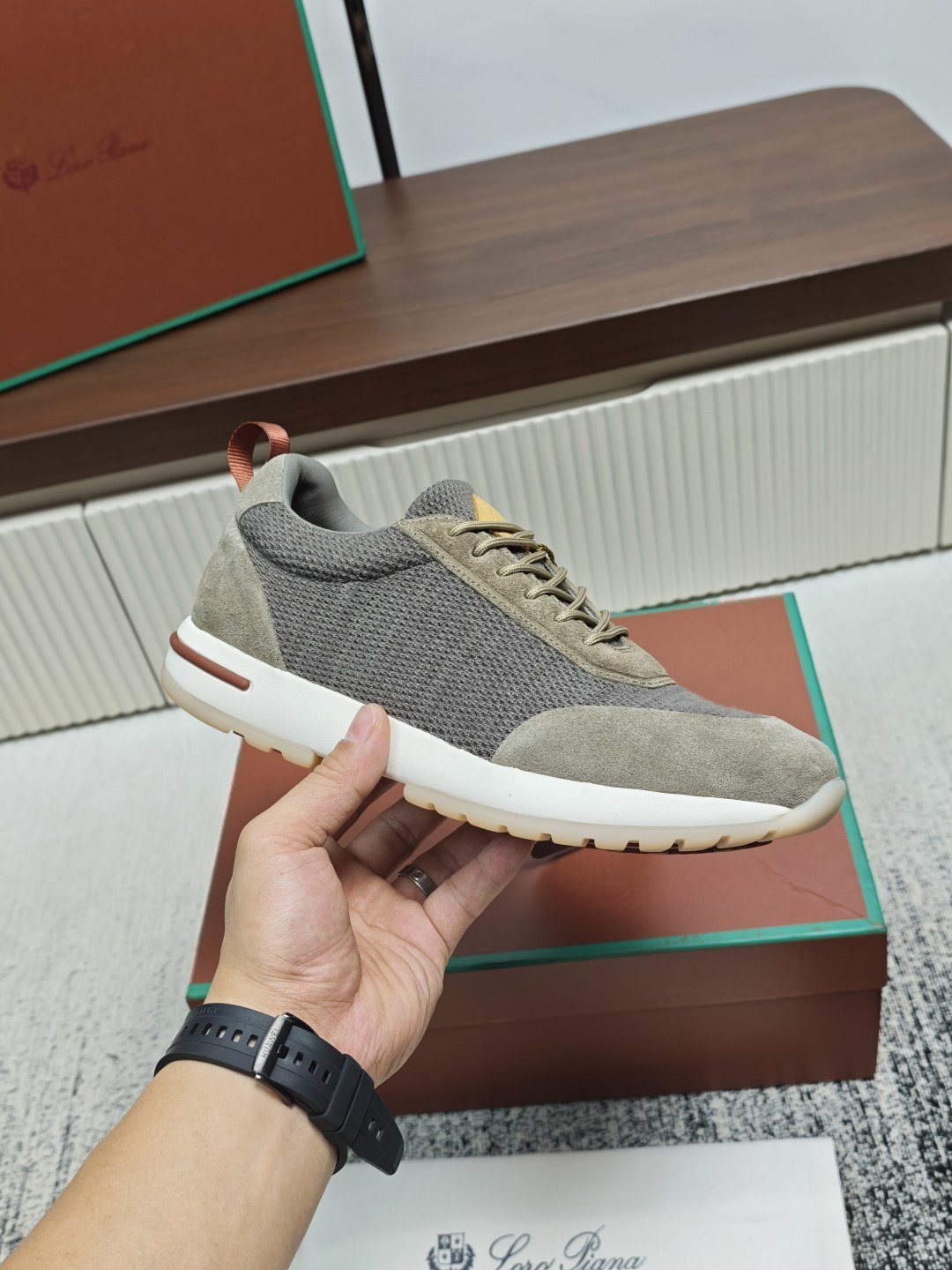 Loro Piana Gray Taupe Lace-Up Sneakers