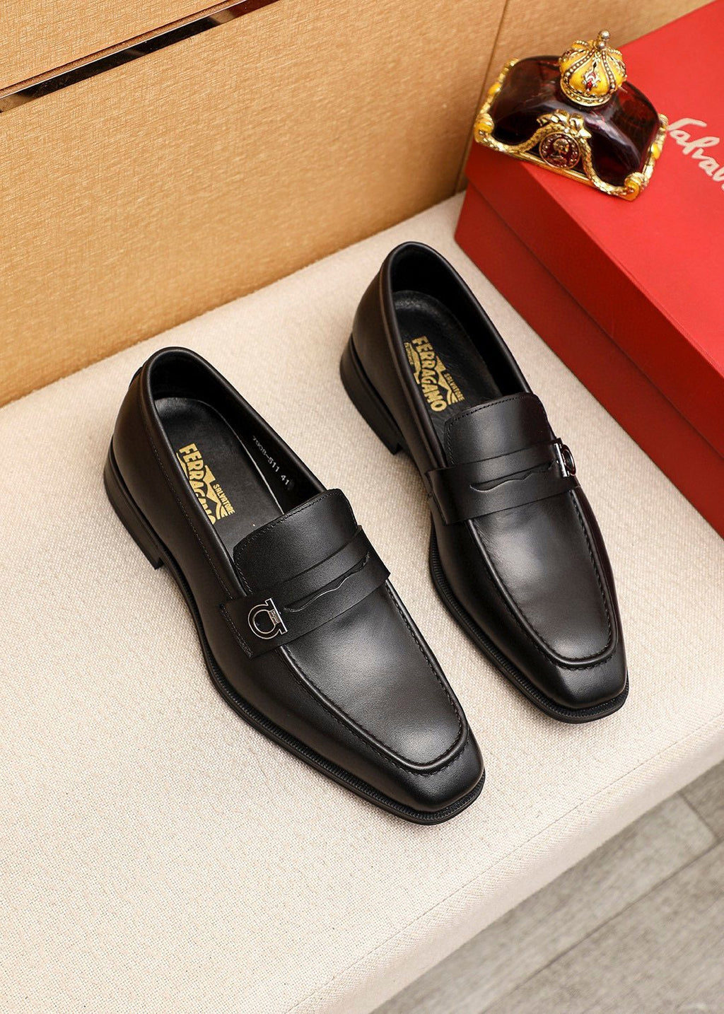 Ferragamo Black Buckle Loafers - Metal Vamp Buckle
