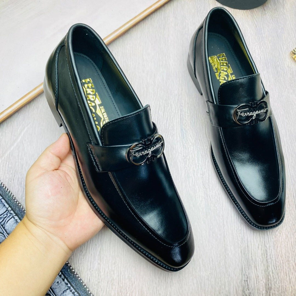 Ferragamo Black Metal-Accent Loafers