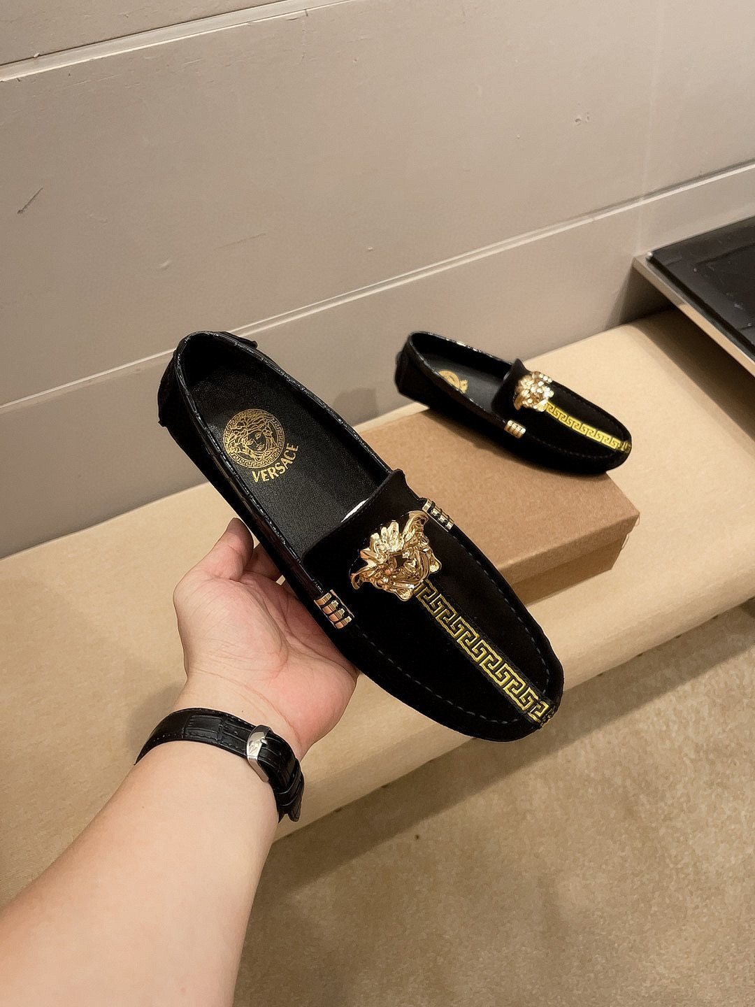 Versace Black Gold-Tone Hardware Loafers