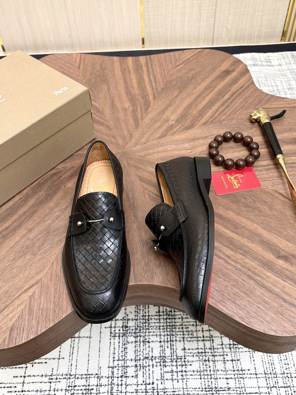 Christian Louboutin Black Woven Leather Loafers