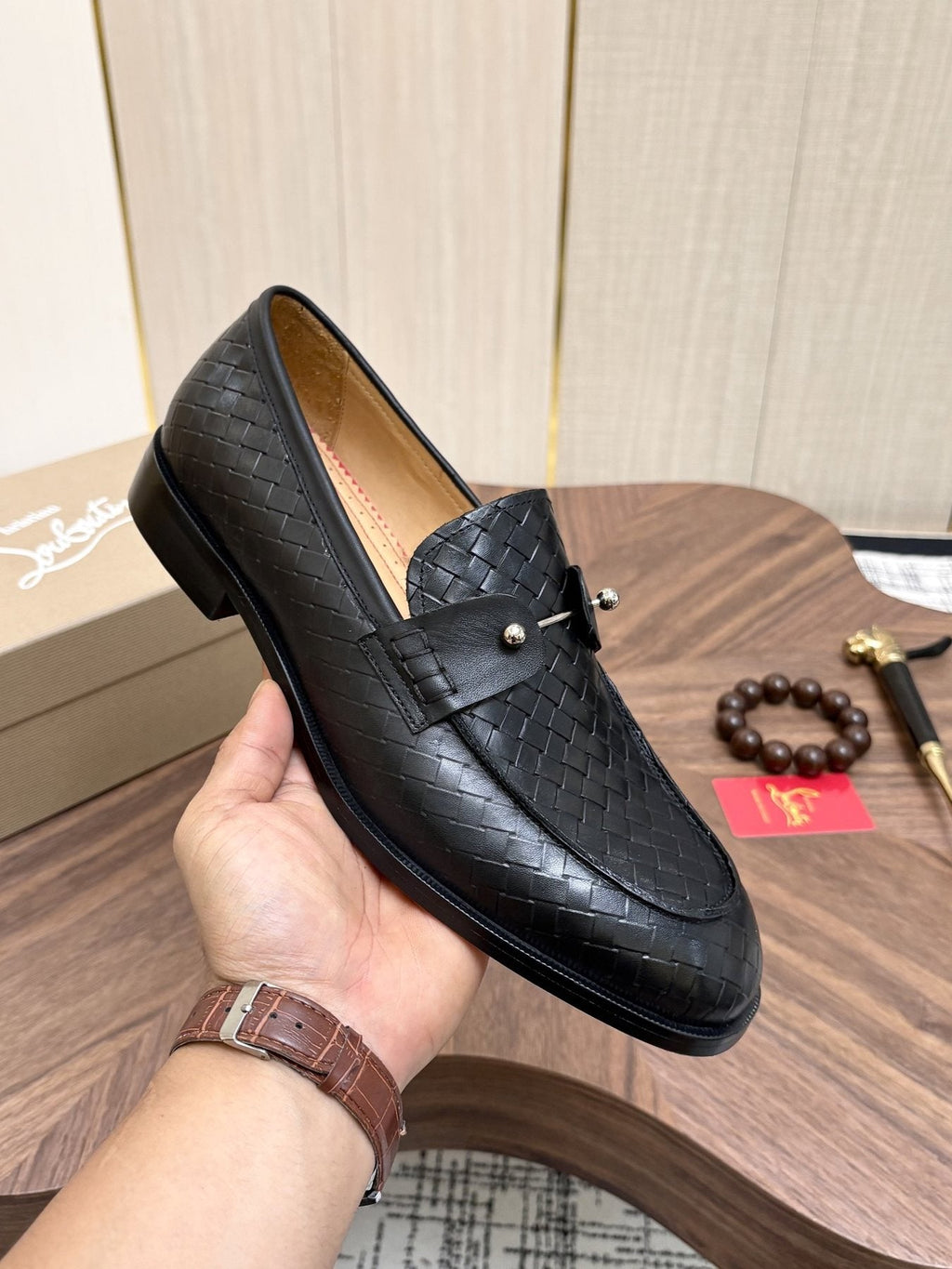 Christian Louboutin Black Woven Leather Loafers
