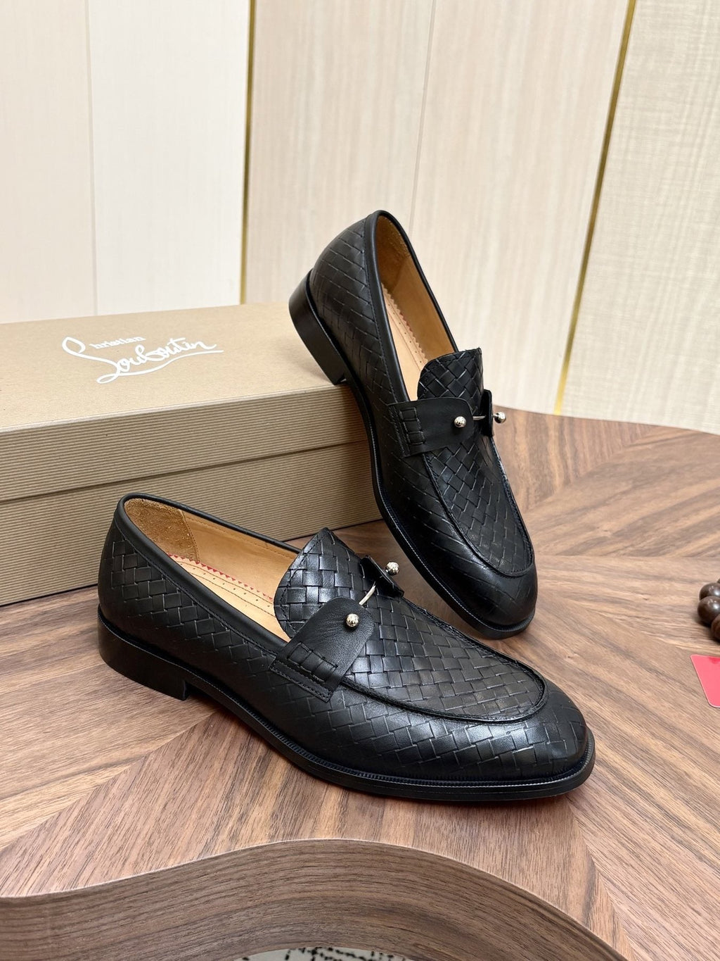 Christian Louboutin Black Woven Leather Loafers